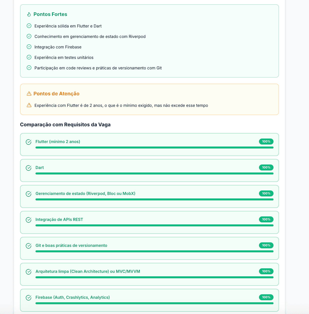 Pontos fortes e comparação com requisitos da vaga