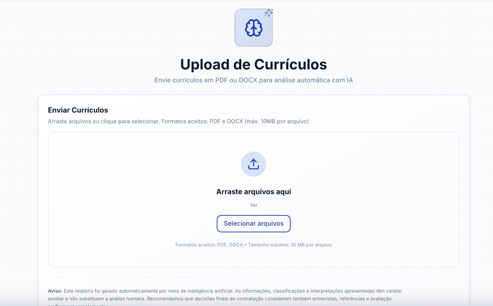 Tela de upload de currículos no Blueto