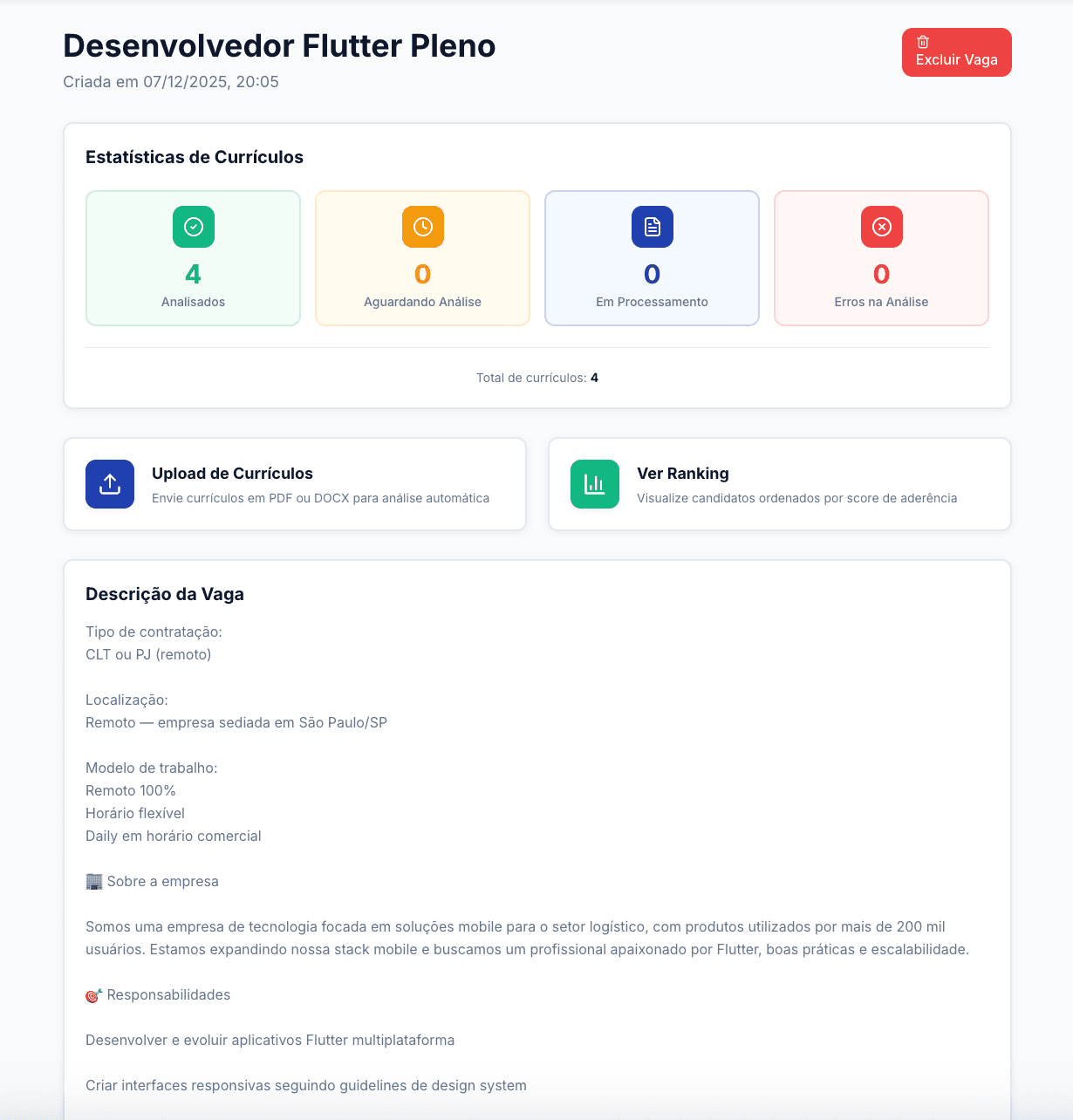 Tela de vaga cadastrada no Blueto